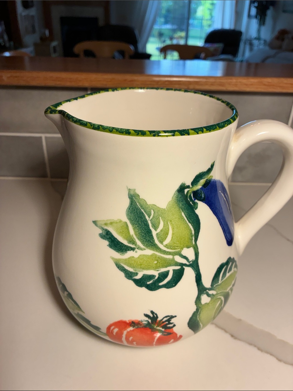 Hand-Painted Ceramic Pitcher in White with Green Leaf Motif